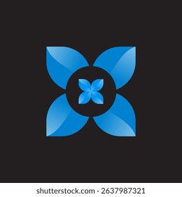 'A modern abstract geometric pattern featuring four stylized blue petal or leaf shapes with a central element, set against a dark background, ideal for logos or digital art.'