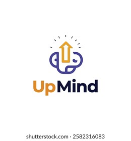 "A modern, minimalist logo for 'Up Mind,' a motivational brand. The design features a stylized brain with an upward arrow seamlessly integrated, symbolizing growth, positivity, and mental empowerment.