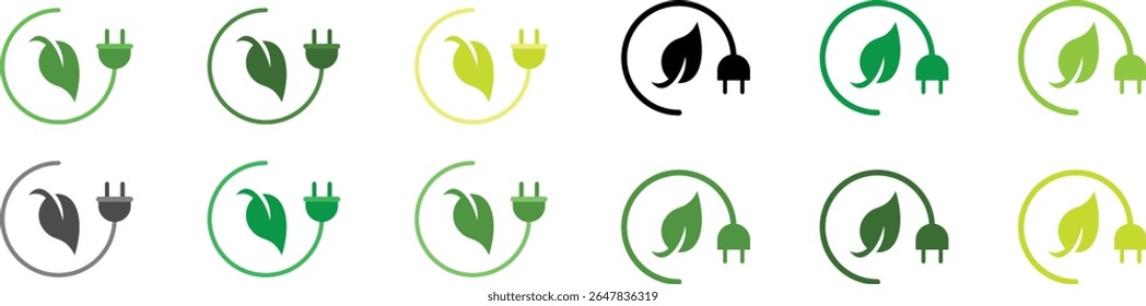 "A modern vector icon representing eco-friendly renewable energy. Includes green power, electricity saving, and sustainable environmental symbols in a clean, flat design style."