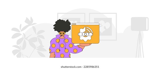 .A modern, vector.style character sits on the floor holding an Internet of Things logo.