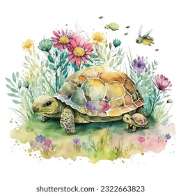 ,A mother turtle and baby turtle having a picnic in a park, surrounded by watercolor flowers and trees