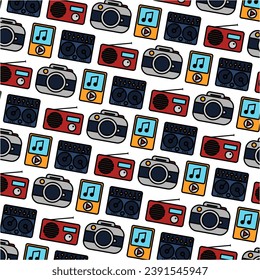 "A pattern of cameras" showcases a seamless arrangement of various camera designs. Ideal for photographers, bloggers, and businesses in the photography industry seeking captivating and themed graphic 