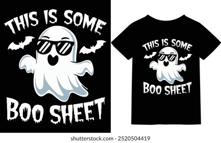 "A playful Halloween T-shirt design featuring a humorous ghost and the phrase 'This is Boo Sheet.' Perfect for spooky season, this vector illustration is great for Halloween parties, social media, and