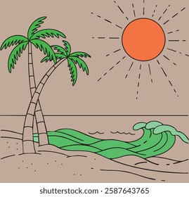 .A playful, hand-drawn cartoon beach scene evokes summer fun, featuring palm trees, sun, and waves. This design is perfect for lighthearted projects.
