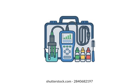 ['A portable field testing kit featuring a digital water quality meter, a sensor probe in a beaker, chemical reagent bottles, and a cleaning brush inside a carrying case.']