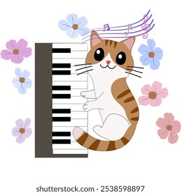 
"Un peculiar gato de dibujos animados toca el piano en un estilo minimalista, rodeado de notas musicales y flores en esta Ilustración vectorial".