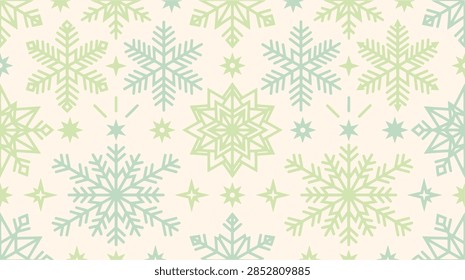 ['A repeating holiday pattern featuring detailed snowflakes in soft green and light blue hues, mixed with tiny glowing star accents on a pale cream backdrop.']