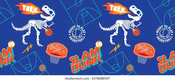 "A seamless graphic design pattern of T-Rex fossils with a basketball theme, perfect for fabric or full-print t-shirts."