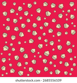 "A seamless pattern featuring hand-drawn style cupcakes scattered across a vibrant red background.
