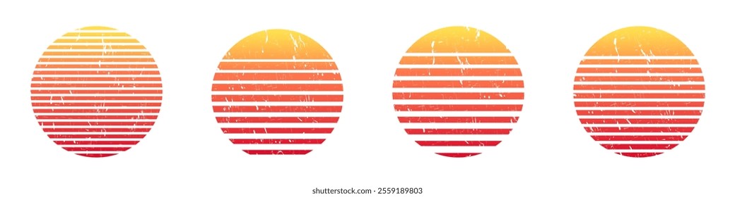 "a series of four oval shapes in red and yellow hues, featuring horizontal stripes.".