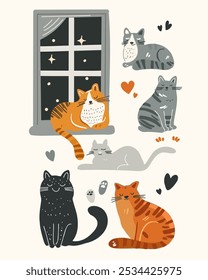 "A set of cats with different fur patterns, sleeping in various positions, drawn in a cartoon style, vector illustration for children's books and toys