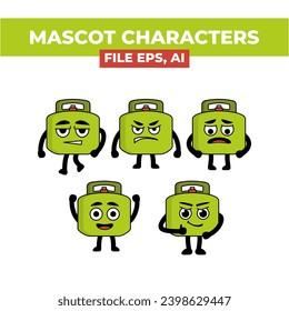 "A set of five gas green characters with different expressions" shows a collection of cartoon characters with varied emotions. Ideal for children's books, educational materials, marketing materials