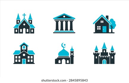 ['A set of six flat vector icons depicting various architectural structures including a church, a classical building, a house, a school, a mosque, and a castle in blue and dark gray colors.']
