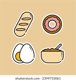 "A set of stickers with different types of food" is a collection of colorful and playful stickers featuring various food items like fruits, vegetables, snacks, and more. Suitable for food-related desi