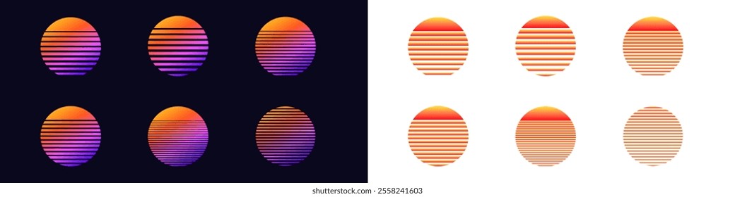 "a set of vibrant circles with gradient colors and horizontal stripes, displayed on contrasting backgrounds.".