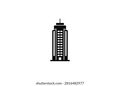 ['A simple black graphic icon depicting a tall commercial skyscraper with multiple windows and a central antenna on a plain white background']