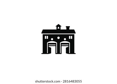 ['A simple black graphic icon depicting a fire station with two large garage bays and a small rooftop cupola']