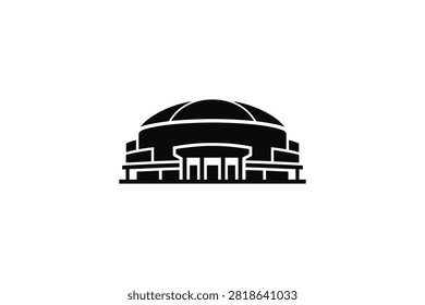 ['A simple black graphic icon depicting a domed stadium or large public building with a prominent arched roof and tiered architectural structure']