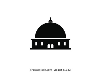 ['A simple black graphic icon featuring a building with a large central dome and a small spire on top, set against a plain white background']