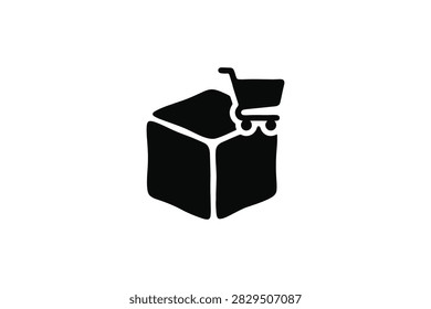 ['A simple black graphic icon showing a three dimensional cube shape integrated with a small shopping cart silhouette on top']