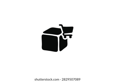 ['A simple black graphic icon representing e-commerce, showing a cube-shaped delivery box integrated with a small shopping cart silhouette on a white background']