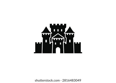 ['A simple black graphic illustration of a fortress featuring a central keep, two side towers with conical roofs, and outer crenellated walls on a white background']