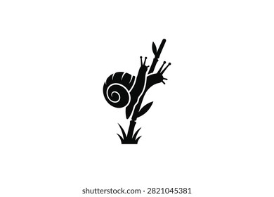 ['A simple black graphic illustration featuring a snail with a spiral shell crawling up a small plant stalk with leaves and grass at the base']