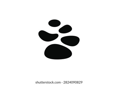 ['A simple black graphic illustration of an animal paw print featuring one large pad and four smaller toe pads']