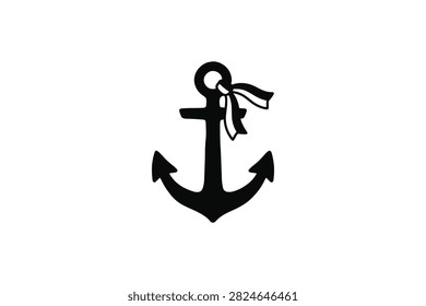 ['A simple black graphic illustration of a traditional ship anchor featuring a small decorative bow tied to the top ring']