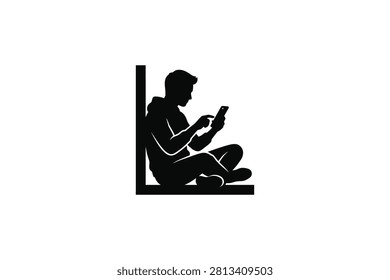 ['A simple black graphic silhouette of a person sitting on the floor leaning against a wall and looking at their mobile phone']