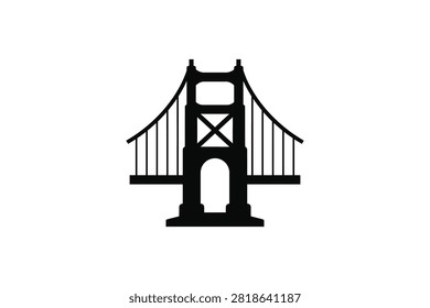 ['A simple black graphic silhouette of a suspension bridge featuring a central tower with an archway and cables on a white background']