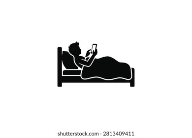 ['A simple black icon depicting a person lying in bed under a blanket while holding and looking at a mobile phone screen']