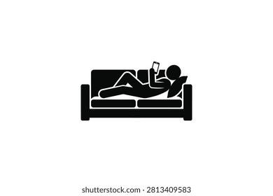 ['A simple black icon depicting a stick figure lying down on a couch and looking at a mobile phone screen']