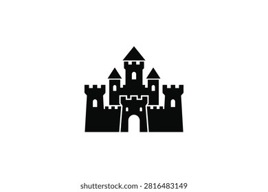 ['A simple black icon of a fortress featuring a central keep, flanking towers, and a gated entrance against a plain white background']