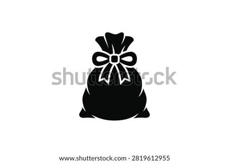 ['A simple black icon of a gift bag or sack featuring a prominent tied bow on the front against a white background']