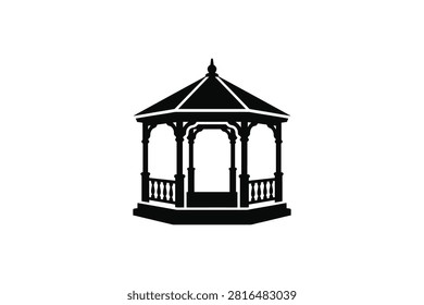 ['A simple black icon representing a traditional garden gazebo with a roof, pillars, and railings']