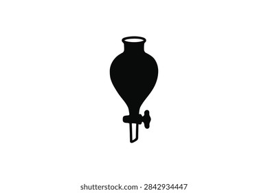 ['A simple black icon representing a glass separatory funnel used for liquid liquid extraction in chemistry and science laboratories']