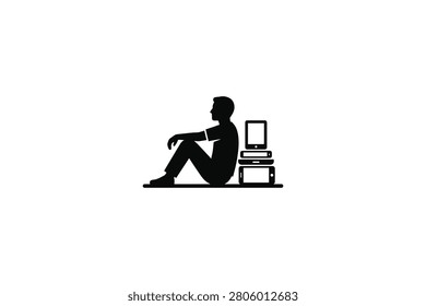 ['A simple black icon showing a person sitting on the floor beside a vertical stack of tablets and smartphones against a plain white background']