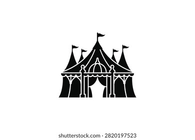 ['A simple black icon of a traditional circus tent featuring multiple peaks with flags and a central arched entrance against a white background']