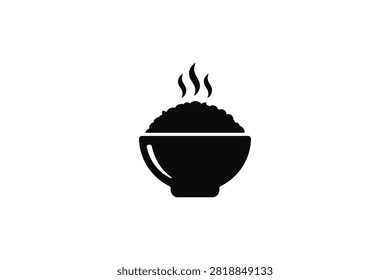 ['A simple black silhouette graphic of a bowl filled with rice featuring rising steam lines above it']