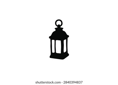 ['A simple black silhouette graphic of a classic hanging lantern with a ring handle on top and glass pane details']