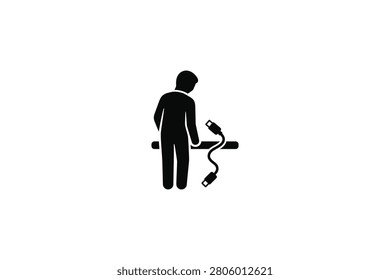 ['A simple black silhouette icon of a person standing next to a horizontal bar while holding a dangling electrical power cable with a plug']