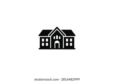 ['A simple black silhouette icon of a school or institutional building with a central entrance and symmetrical windows']