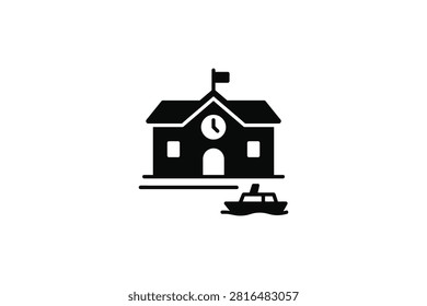 ['A simple black silhouette icon featuring a schoolhouse with a clock tower and flag, positioned above a small boat floating on water']