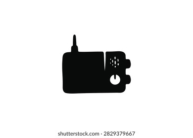 ['A simple black silhouette icon of a vintage portable radio with an antenna and control knobs']