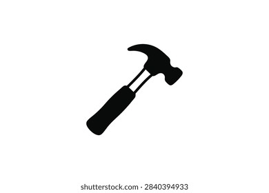 ['A simple black silhouette icon of a claw hammer used for construction and carpentry work']