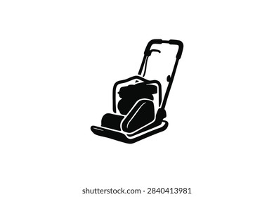 ['A simple black silhouette icon of a walk behind plate compactor used for soil and asphalt compaction in construction projects']