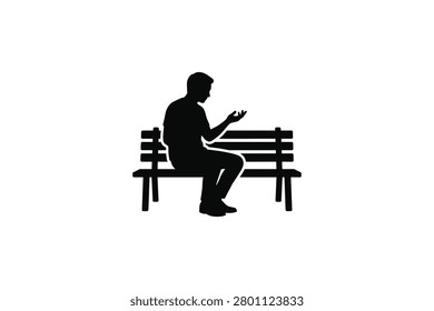 ['A simple black silhouette illustration of a solitary figure seated on a wooden bench, gesturing with one hand as if talking or examining something.']