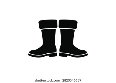 ['A simple black silhouette illustration of a pair of tall winter boots featuring a thick fur cuff at the top and sturdy soles']