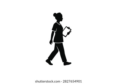 ['A simple black silhouette illustration of a female healthcare worker in scrubs walking forward while carrying a clipboard in her hand against a white background']